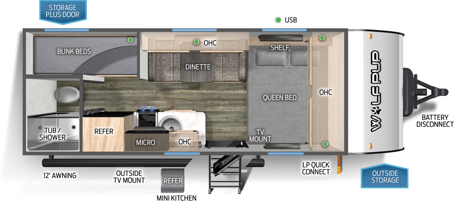 The 16BHSW has no slide outs and one entry door. Exterior features a storage plus door on the off-door side, outside TV mount, mini kitchen with refrigerator, outside storage, LP quick connect, and battery disconnect. Interior layout front to back: side-facing queen bed with shelf, overhead cabinet, and TV mount; off-door side dinette with overhead cabinet; door side entry, kitchen countertop with sink, microwave, cook top, overhead cabinet, and refrigerator; rear door side bathroom with only a toilet and tub/shower; rear off-door side bunk beds.